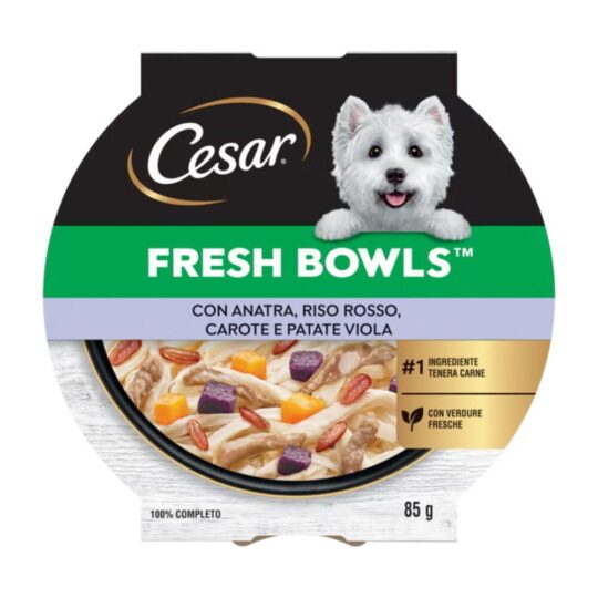 Cesar® Fresh Bowls Anatra, Riso Rosso, Carote e Patate Viola 85gr